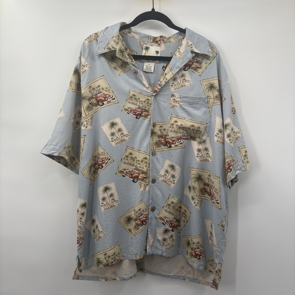 Banana Cabana Blue Hawaiian Shirt Palm Tree Vintage Red Truck 100% Silk Size 2XL